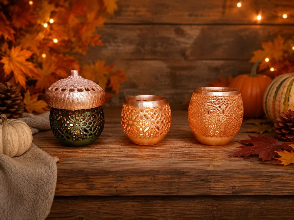 Herbstliche Teelichthalter Eichel & florale Muster, photo 3 of 4 - Herbstliche Teelichthalter Eichel & florale Muster Household