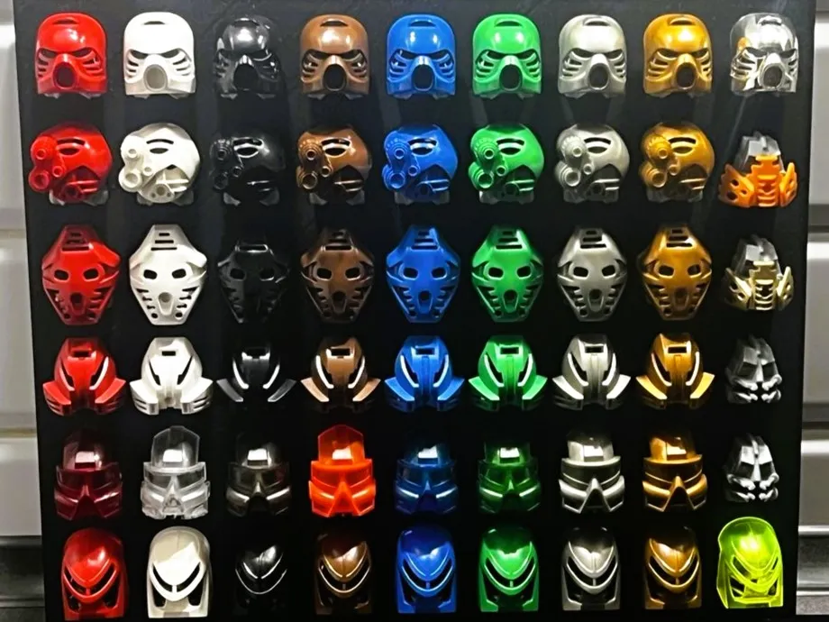 Bionicle Kanohi and Krana mask exhibition boards