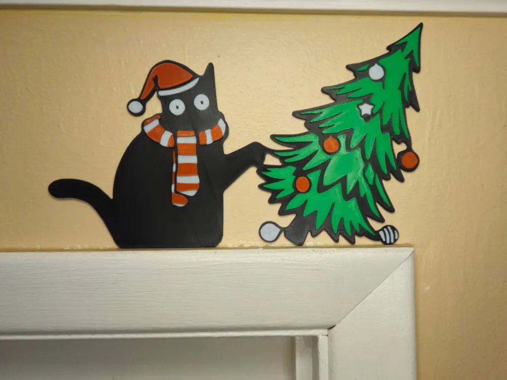 Black Cat vs Christmas Tree Door Corner Topper