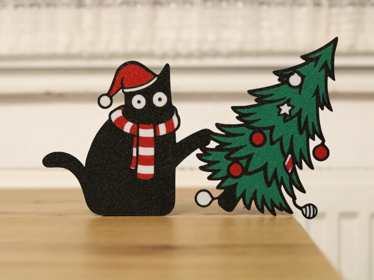 Black Cat vs Christmas Tree Shelf Decor