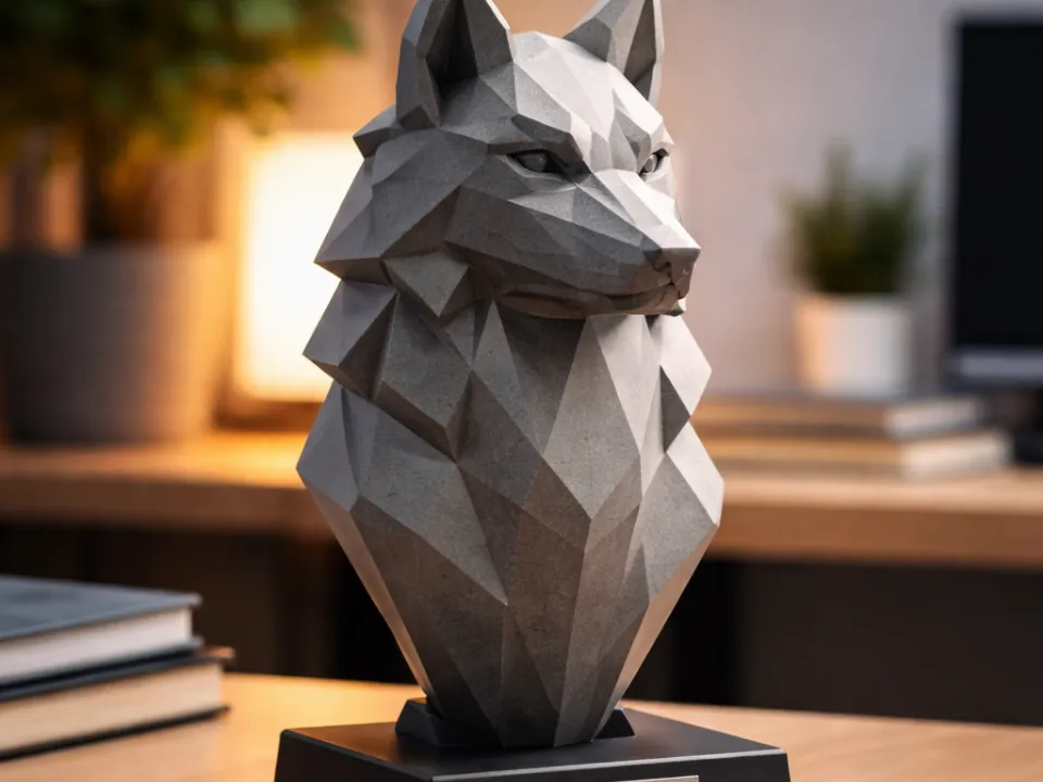 Low Poly Wolf Bust, Modern Desk Sculpture