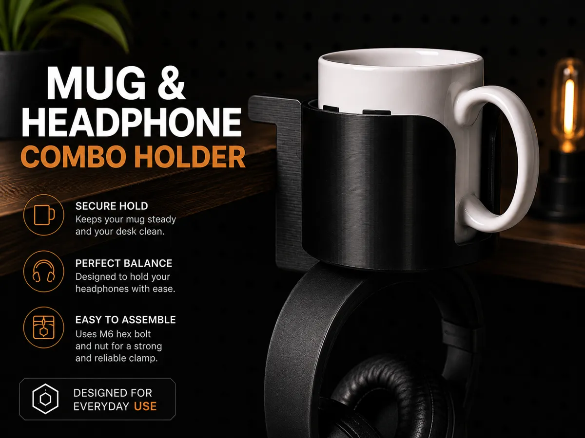 Desk Clamp Mug & Headphone Combo Holder (M6 Bolt)