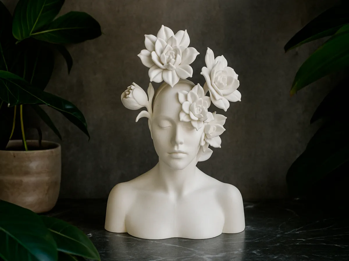 Flower Head Sculpture, Bust with Blooming Flowers