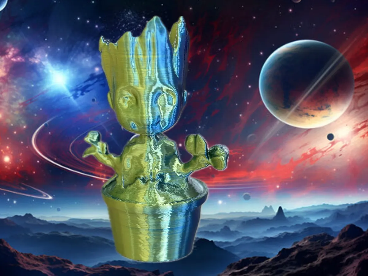 Three cute baby Groot guys in flower pot