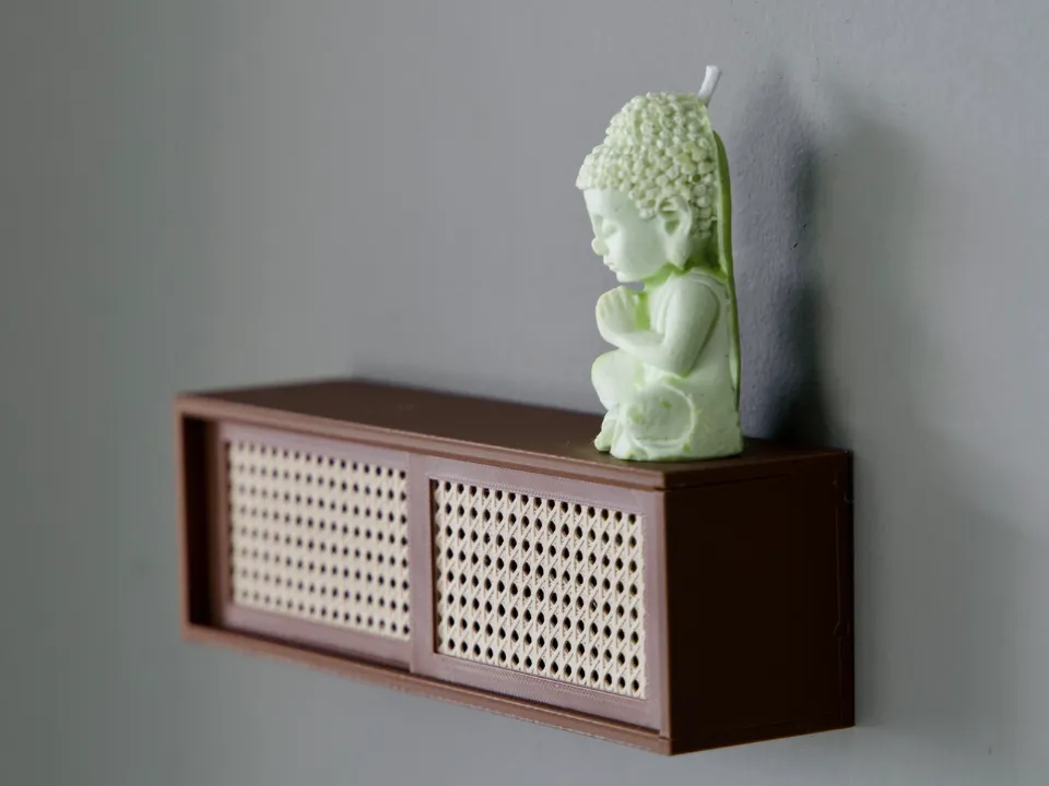 Floating Shelf with Rattan-Inspired Sliding Doors