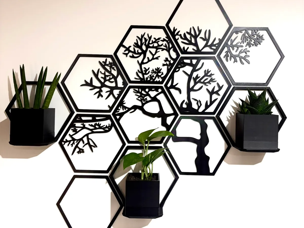 Hexagon tree wall art with planter pots and shelf