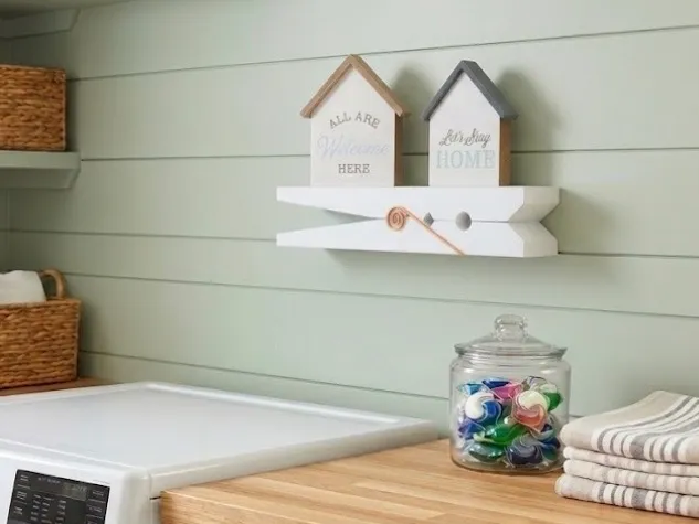 Clothes Pin shelf decor for laundry room