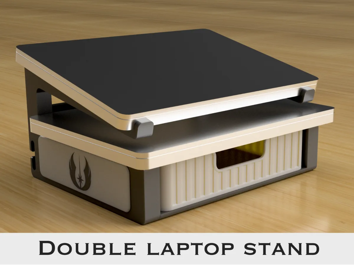 Double laptop stand with a drawer organiser