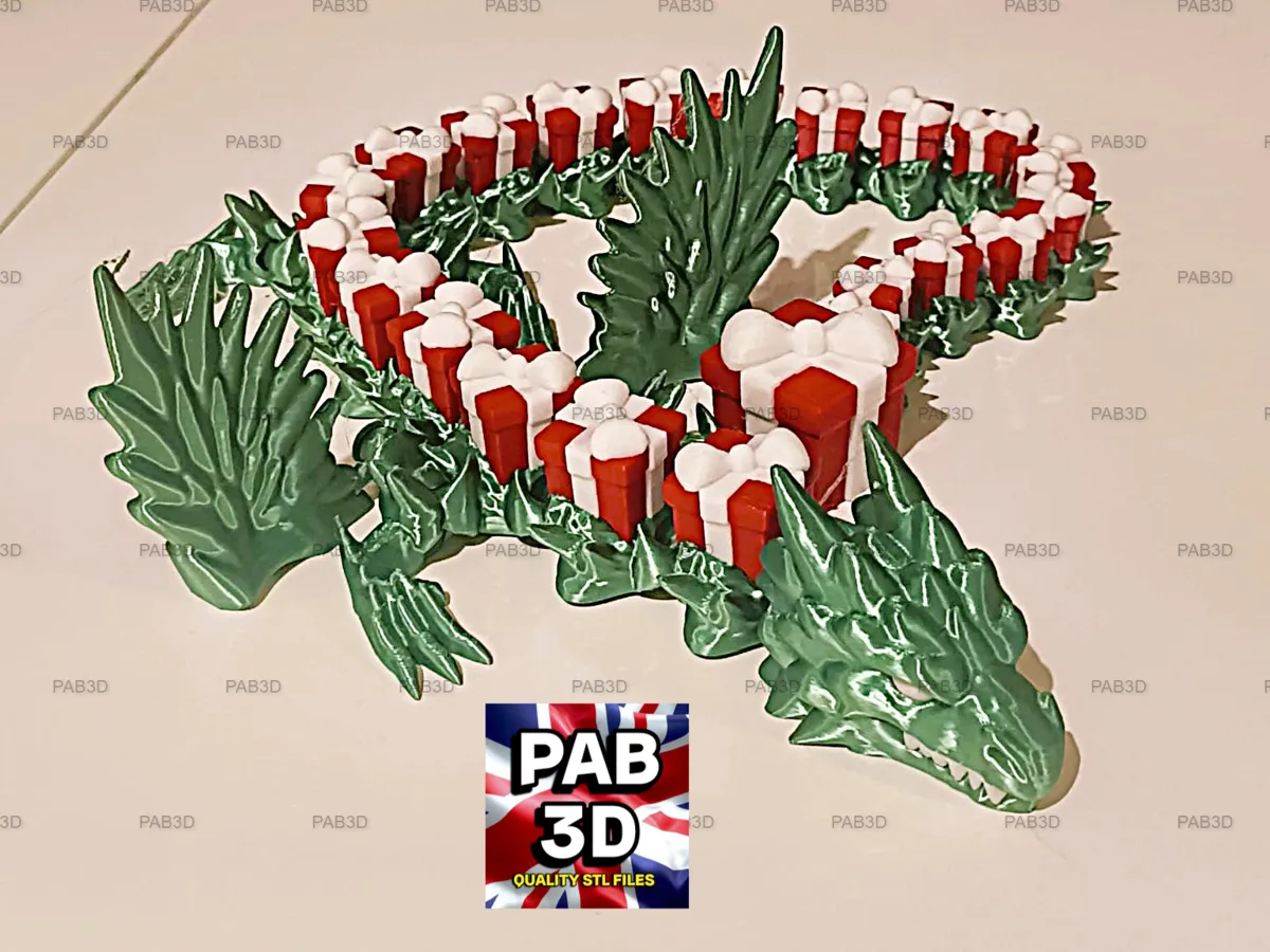 Articulated flexi Christmas dragon with presents