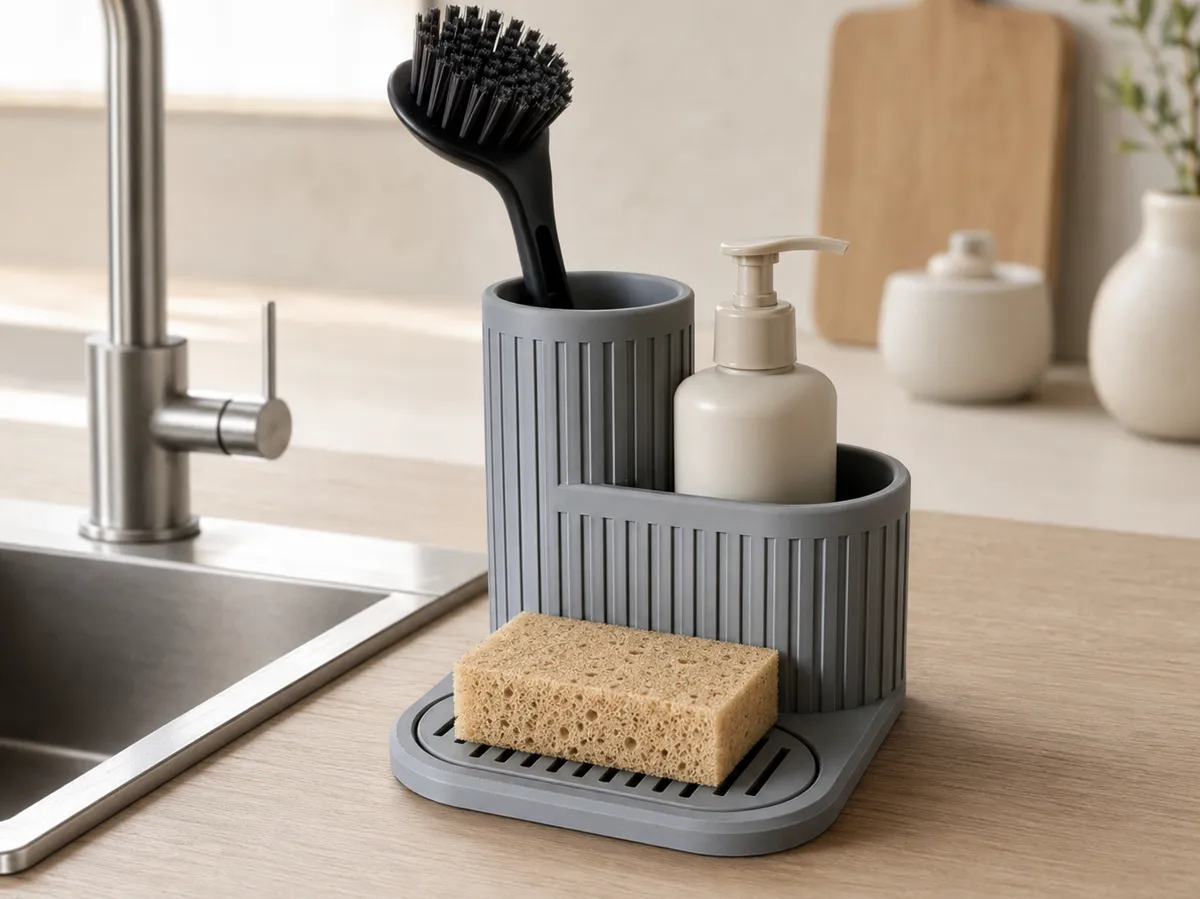 Compact Ribbed Sink Organizer with Drain Tray