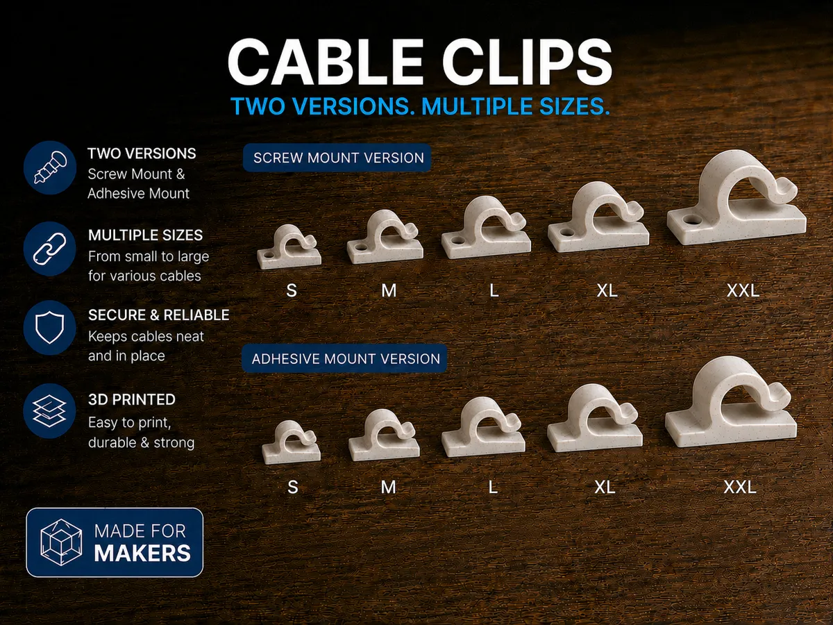 Cable Clips Set| Screw & Adhesive| Multiple Sizes