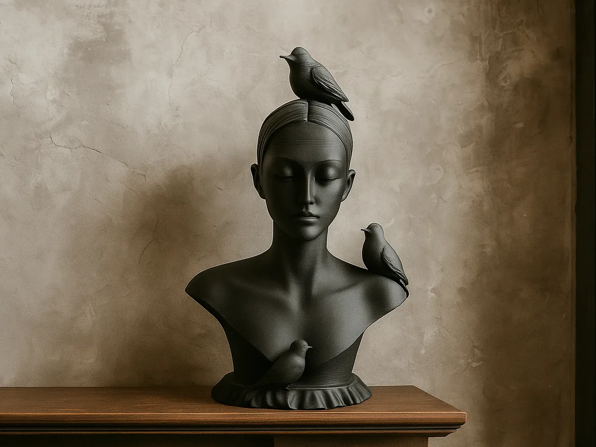 Woman & Birds Bust Sculpture, Surreal Art Decor