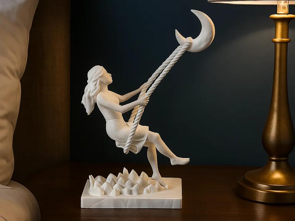 Swing to the Moon Sculpture, Dreamy Art Piece