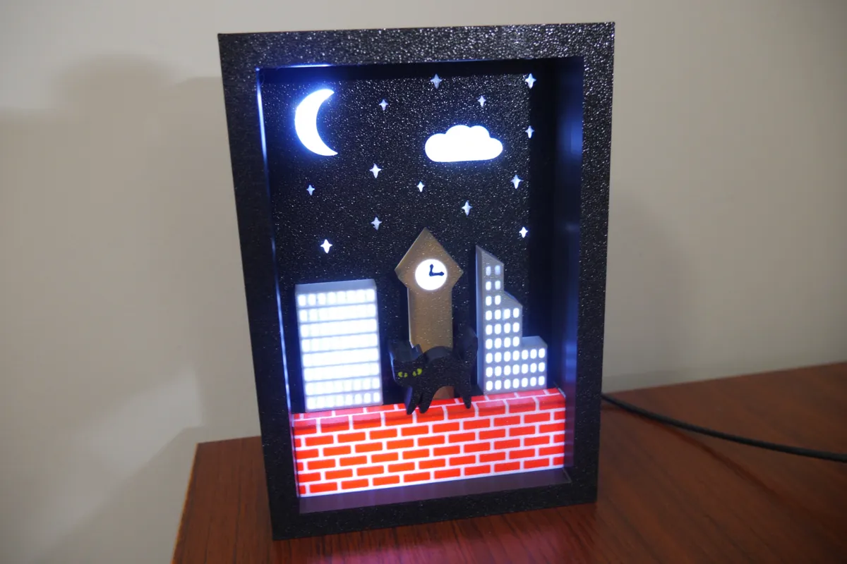 Light Box of City Sky at Night - Cat Shadowbox