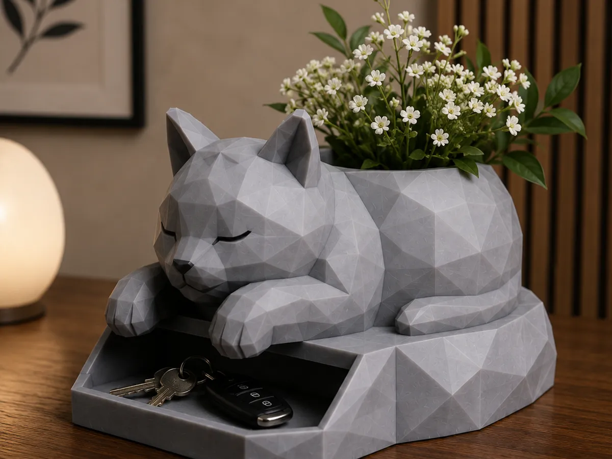 Sleeping Cat Planter&Key Organizer-Low Poly Decor - Face & Character Planters, in stock