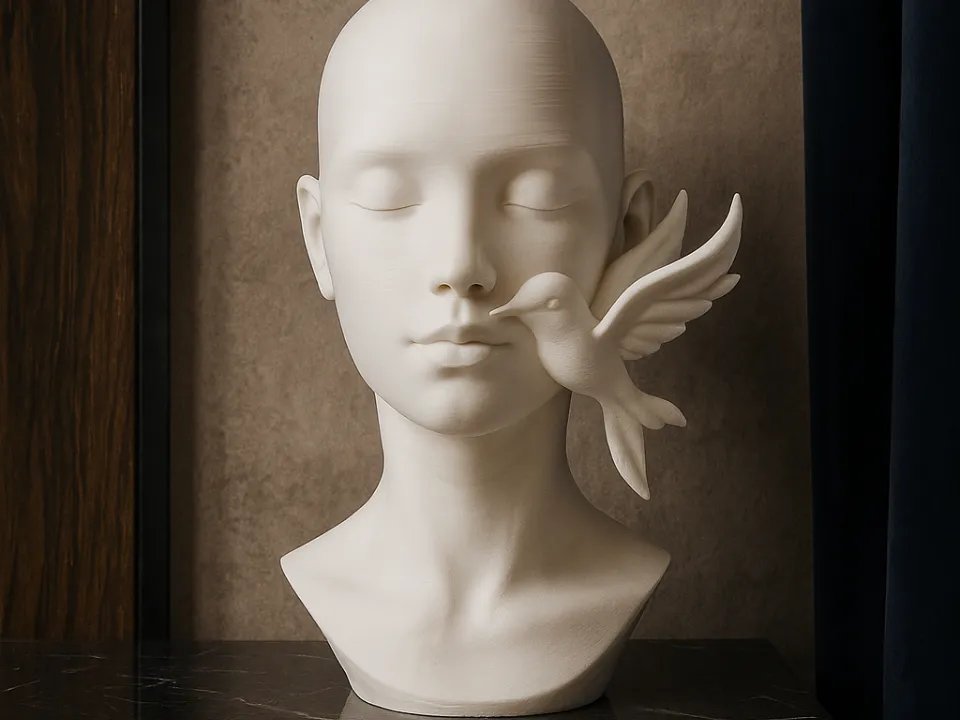 Serenity Sculpture of a Face with Hummingbird