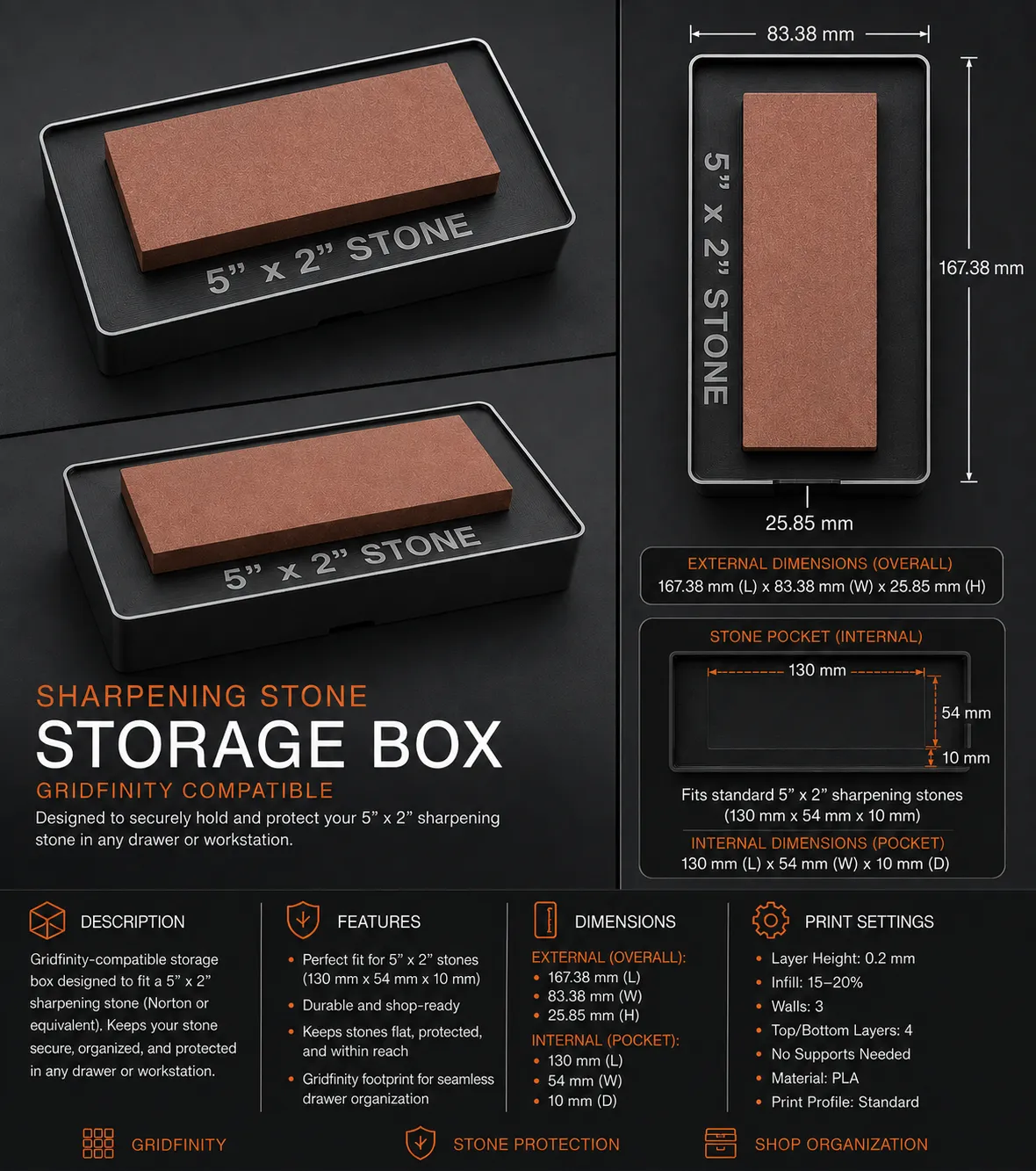 Gridfinity 5” x 2” Machinist Stone | Norton Stone, photo 4 of 4 - Gridfinity 5” x 2” Machinist Stone | Norton Stone Storage & Organisation