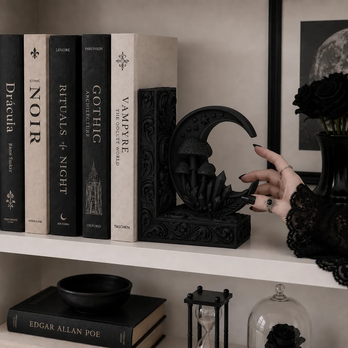 Goth Moon Mushroom Crystal gothic Bookend, photo 2 of 4 - Goth Moon Mushroom Crystal gothic Bookend Desk & Office
