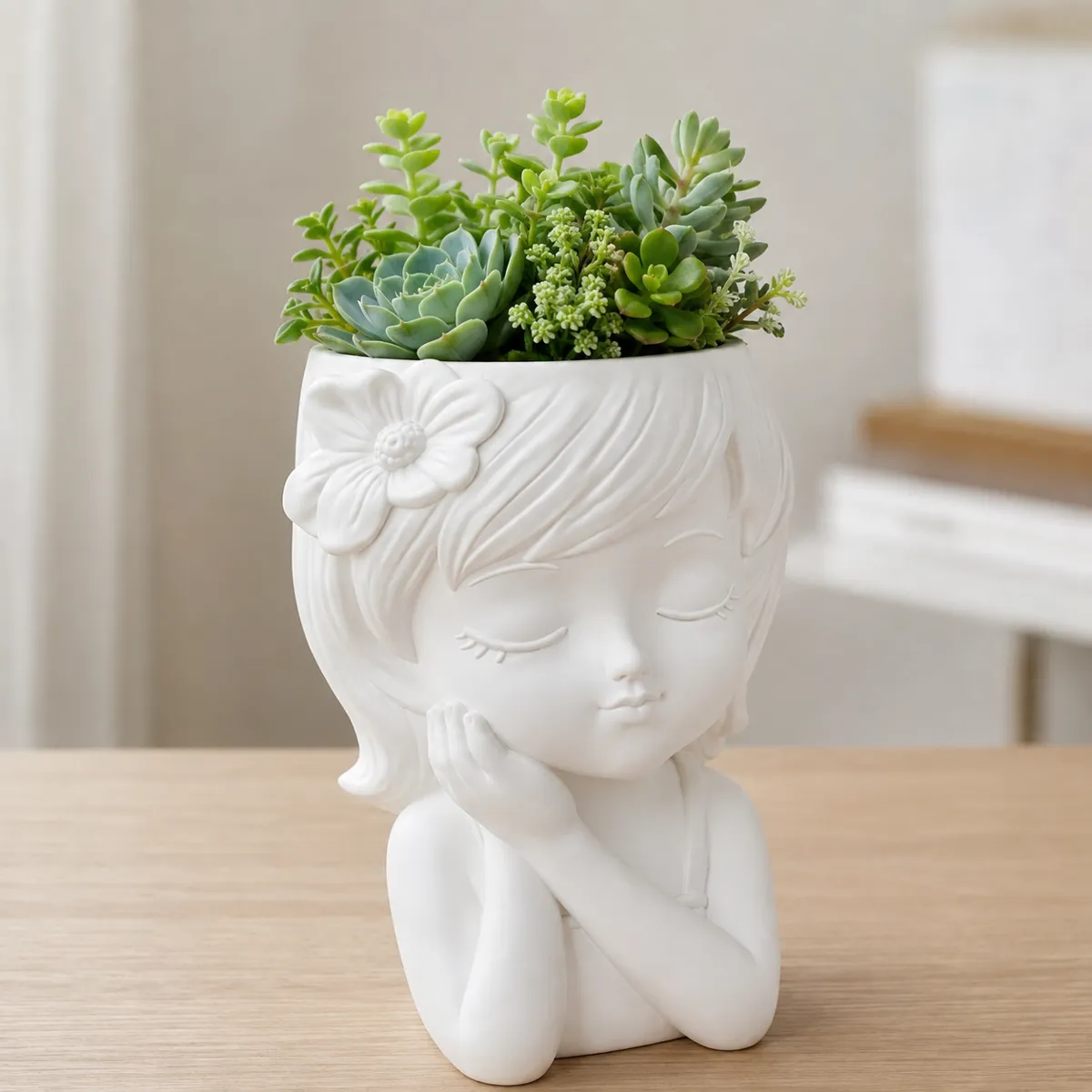 Serene Girl Planter, Cute Floral Head Pot, photo 2 of 2 - Serene Girl Planter, Cute Floral Head Pot Household