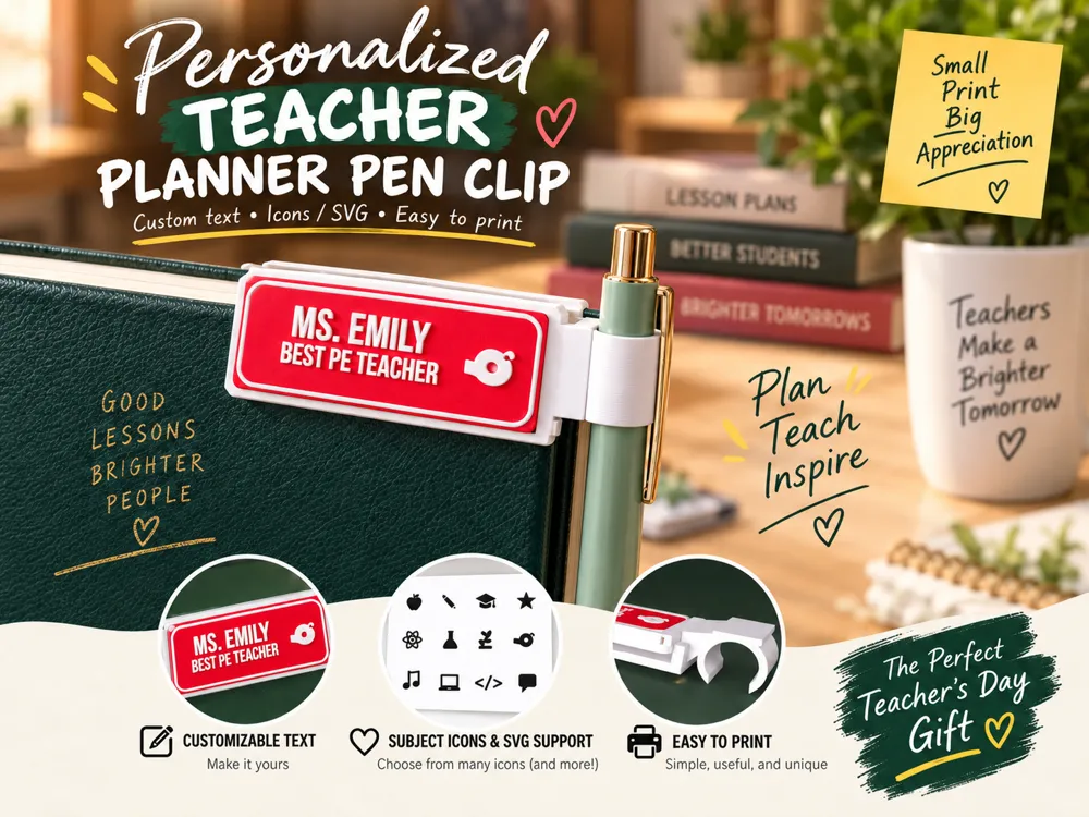 Custom Teacher Planner Pen Clip & Pen Holder - Pen Stands & Pencil Holders, in stock