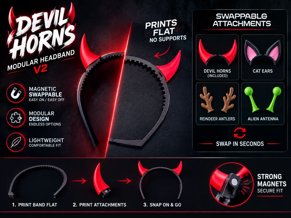 Devil horns V2 - Modular Costume headband - Headbands & Hair Bands, in stock