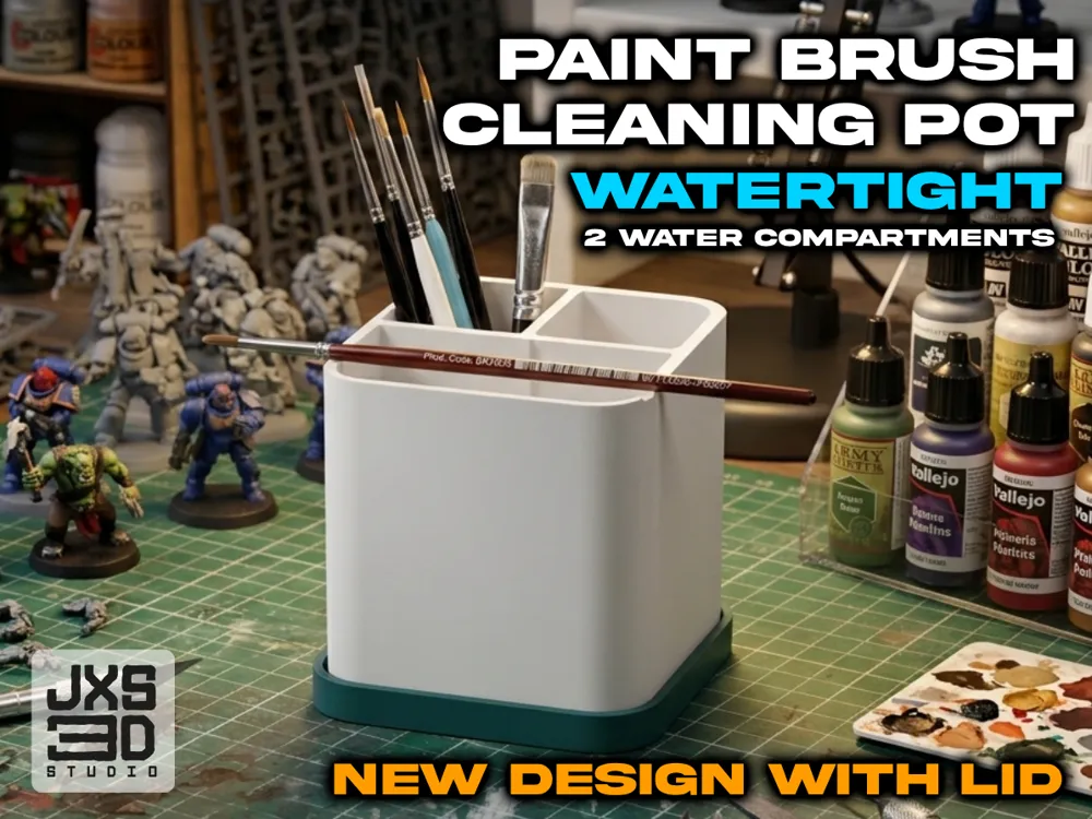 Dual-Chamber Paint Brush Cleaning Pot with Lid - Tabletop Miniatures, in stock