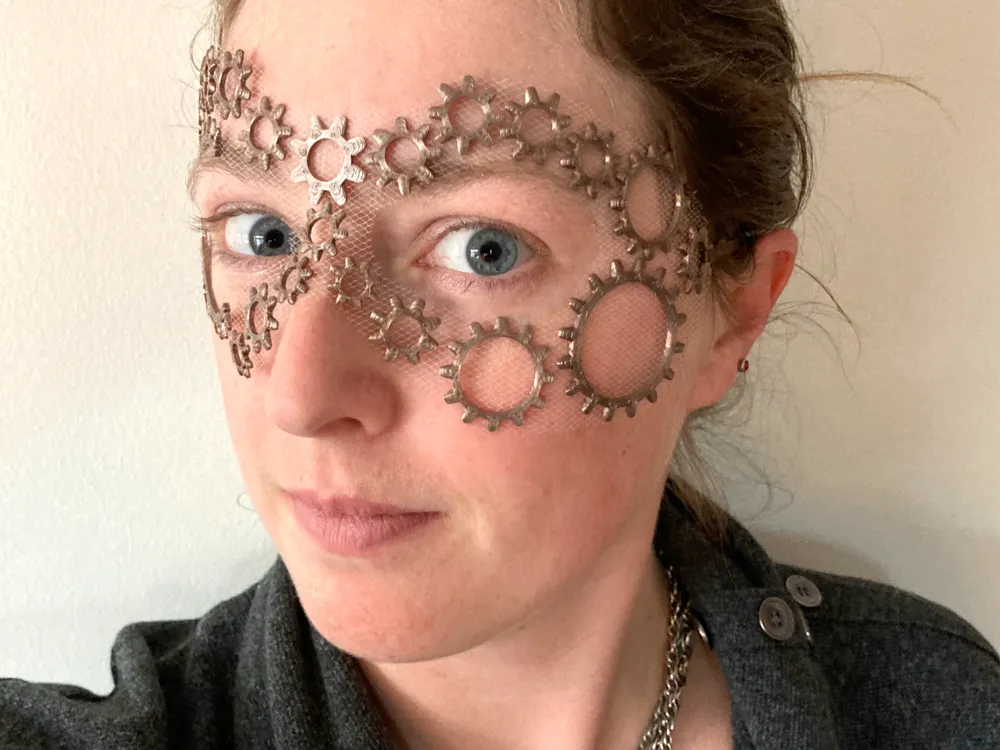 Gear Steampunk Floating Tulle Masquerade Mask, photo 3 of 4 - Gear Steampunk Floating Tulle Masquerade Mask Props & Cosplay