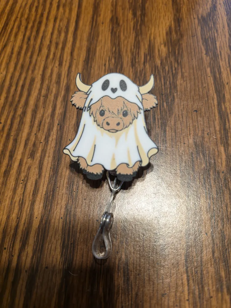 Ghost Highland Cow Badge Reel/Magnet, photo 3 of 4 - Ghost Highland Cow Badge Reel/Magnet Fashion