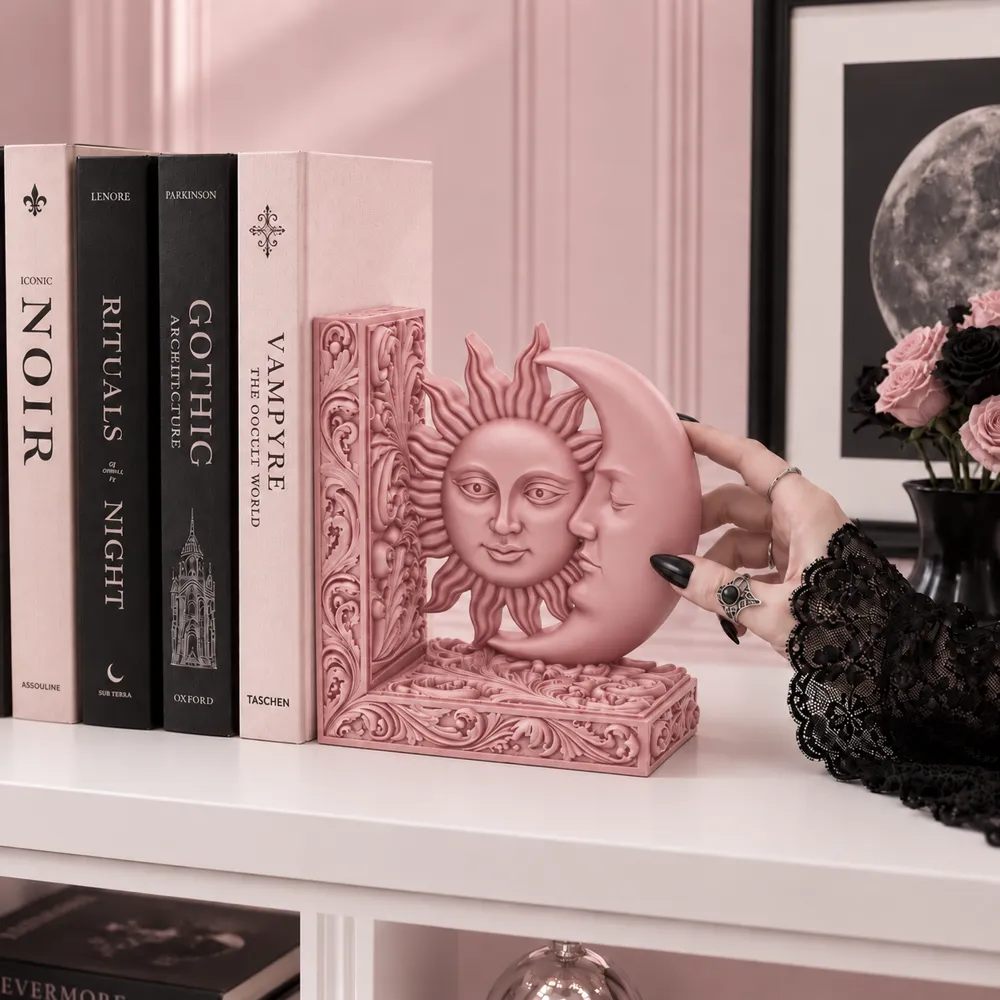 Goth Sun Moon Face Celestial Bookend Shelf Decor, photo 2 of 4 - Goth Sun Moon Face Celestial Bookend Shelf Decor Desk & Office