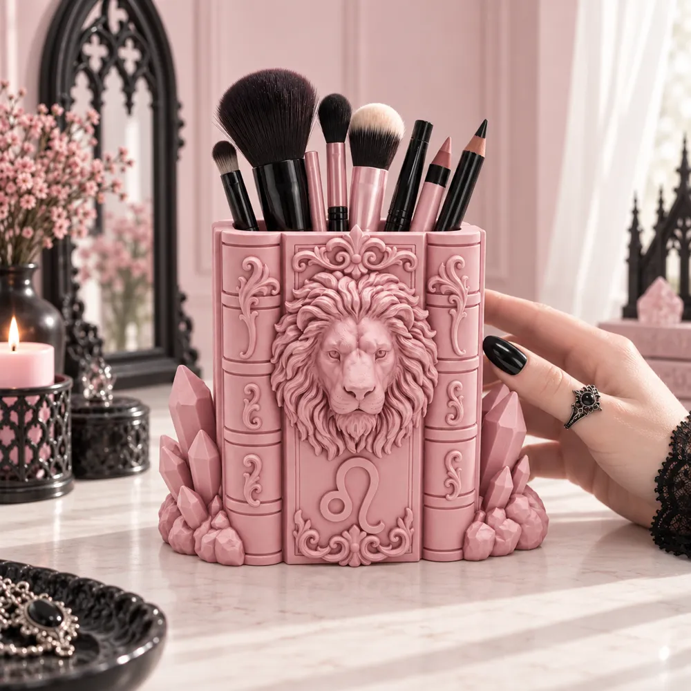 Goth Zodiac Leo Lion Crystal Brush Pen Organizer, photo 2 of 4 - Goth Zodiac Leo Lion Crystal Brush Pen Organizer Tools