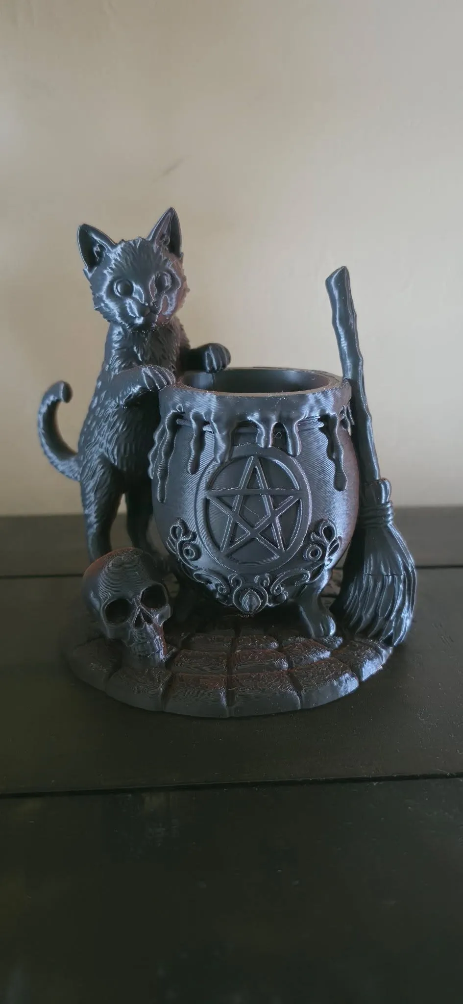 Gothic Black Cat Cauldron Halloween Planter Pot, photo 2 of 4 - Face & Character Planters, gothic cat planter