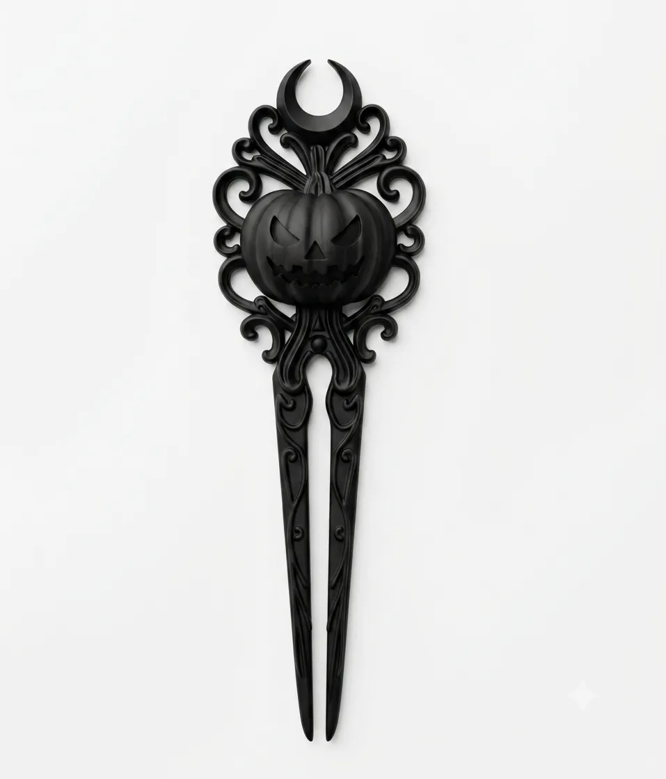 Halloween Samhain Goth Pumpkin Hairpin Fork, photo 4 of 5 - Hair Sticks, Pins & Forks, occult hairpin baroque hair fork black resin hairpin spooky hair accessory