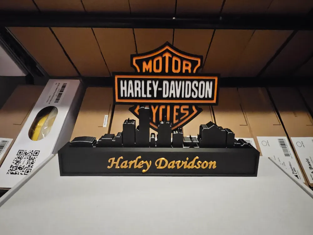 Harley davidson with skyline of milwauki