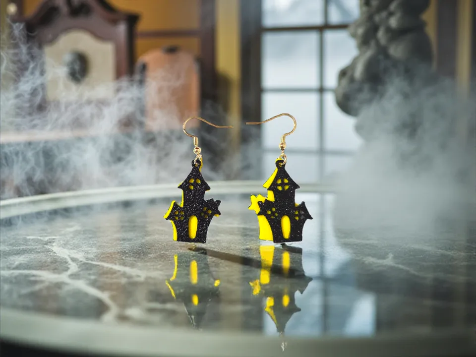 Haunted House earrings, another view - Drop & Dangle Earrings, halloween