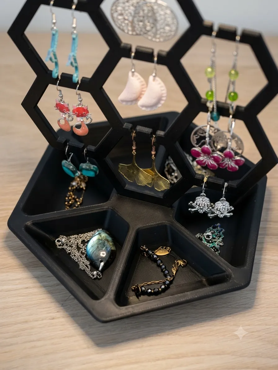 Hexagonal Jewelry & Earring Stand with Tray, photo 3 of 4 - Hexagonal Jewelry & Earring Stand with Tray Storage & Organisation