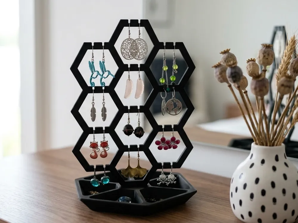 Hexagonal Jewelry & Earring Stand with Tray - Earring Stands & Organisers, in stock in India