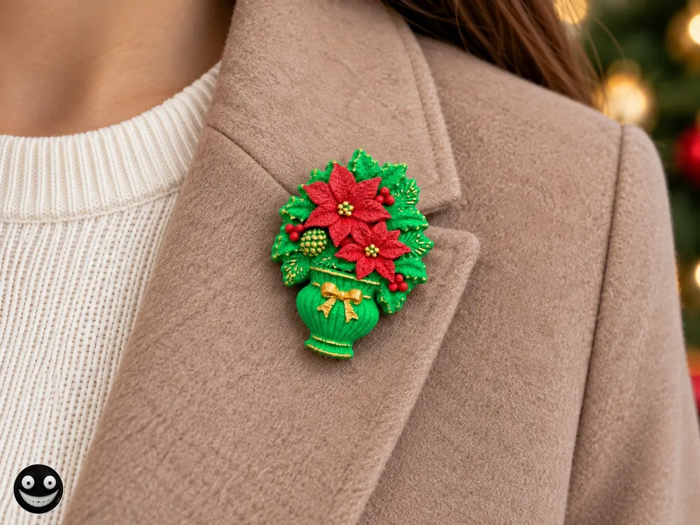 Holiday Christmas Floral Poinsettia Brooch Magnet, photo 4 of 4 - Holiday Christmas Floral Poinsettia Brooch Magnet Fashion