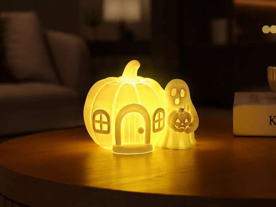 Glowing Pumpkin House with Ghost Visitor - Decor, in stock in India