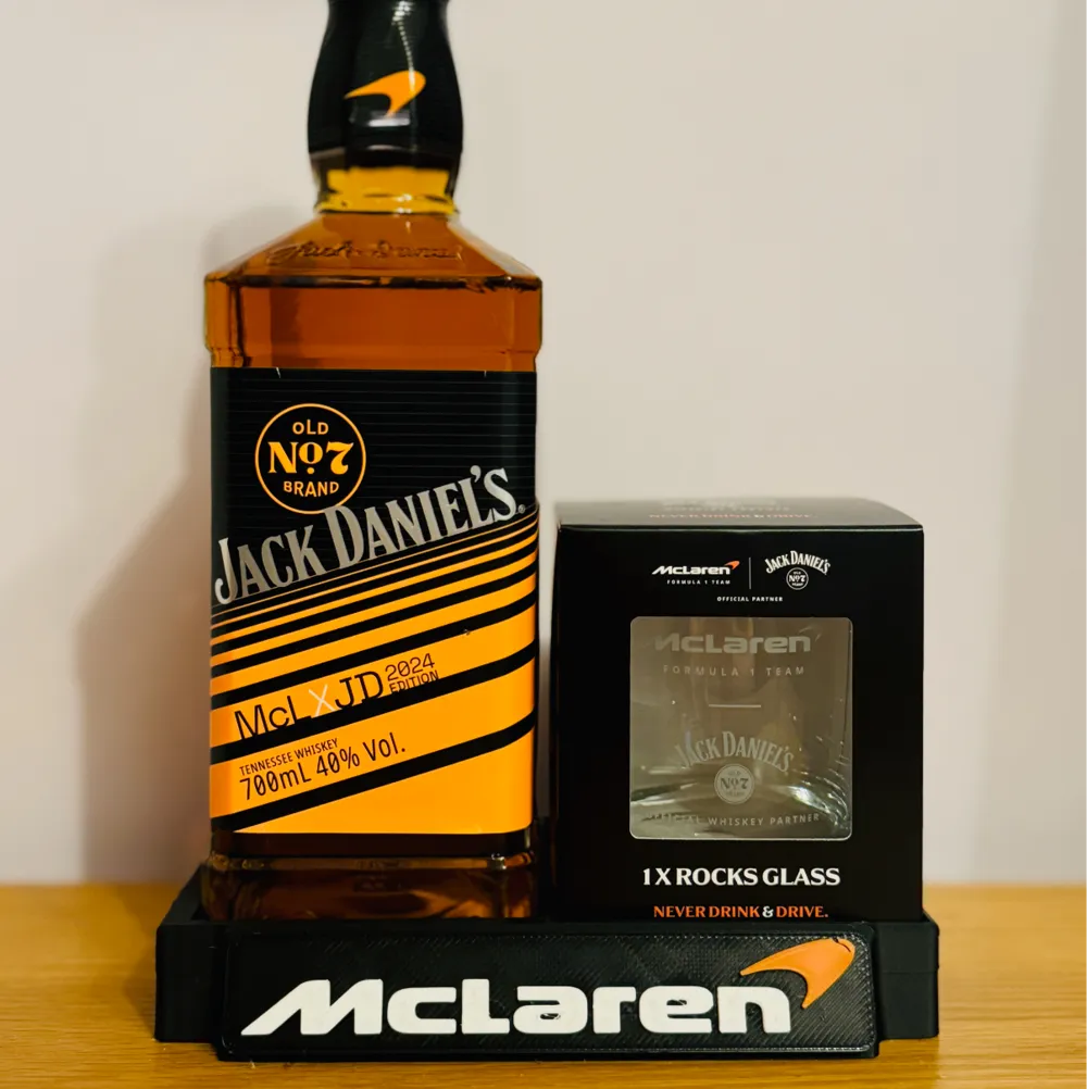 Jack Daniels X Mclaren F1 Whiskey Bottle Display, another view - Cocktail & Bar Tools, glass