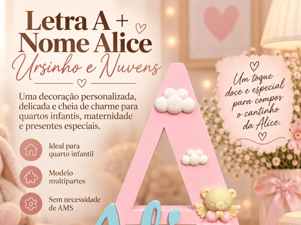 Letra A + Nome Alice Ursinho e Nuvens Multipartes, photo 4 of 4 - Letra A + Nome Alice Ursinho e Nuvens Multipartes Household