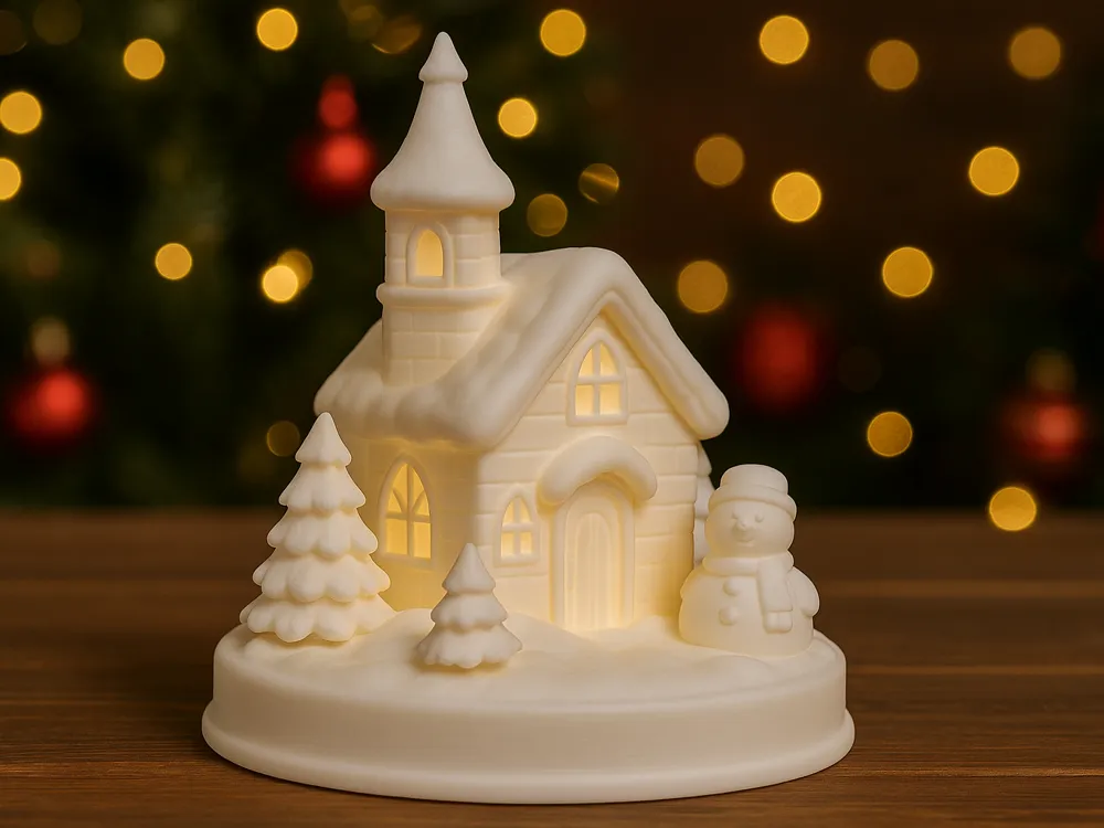 Glowing winter church with snowman
