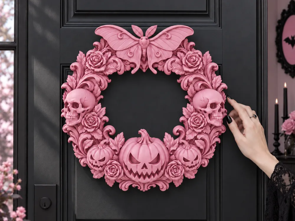Pastel Goth Halloween Samhain Moth Pumpkin Wreath - Pumpkins & Jack-o-lanterns, in stock