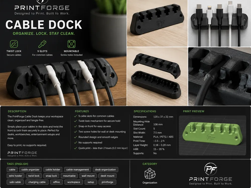 PrintForge Cable Dock, 5-Slot Cable Organizer, photo 3 of 4 - PrintForge Cable Dock, 5-Slot Cable Organizer Tools