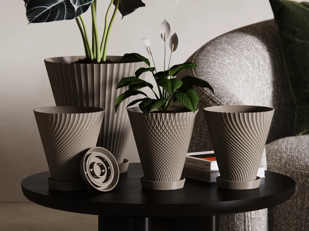 Scandi-Style Quilt Flower Pot with Drainage Tray, photo 2 of 5 - Plant Stands & Holders, planter