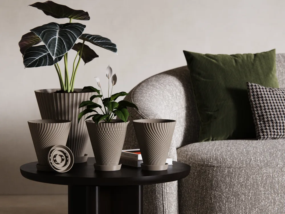 Scandi-Style Quilt Flower Pot with Drainage Tray, photo 3 of 5 - Plant Stands & Holders, planters
