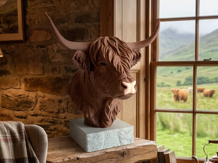 Scottish Highland Cow Figurine on Base, photo 3 of 4 - Scottish Highland Cow Figurine on Base Art