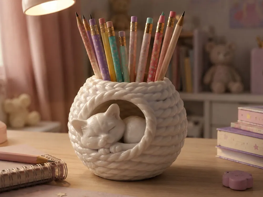 Sleeping Cat Yarn Bowl Pen Holder