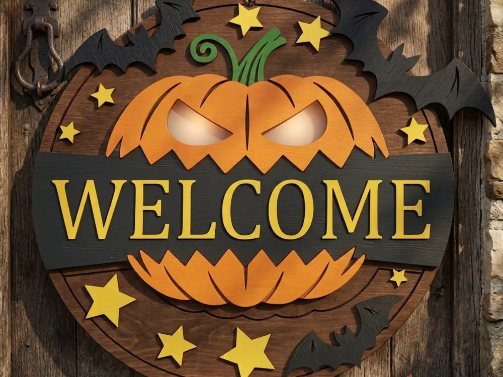 Spooky Pumpkin "WELCOME" Halloween Door Sign, photo 3 of 4 - Spooky Pumpkin "WELCOME" Halloween Door Sign Home Decor Items