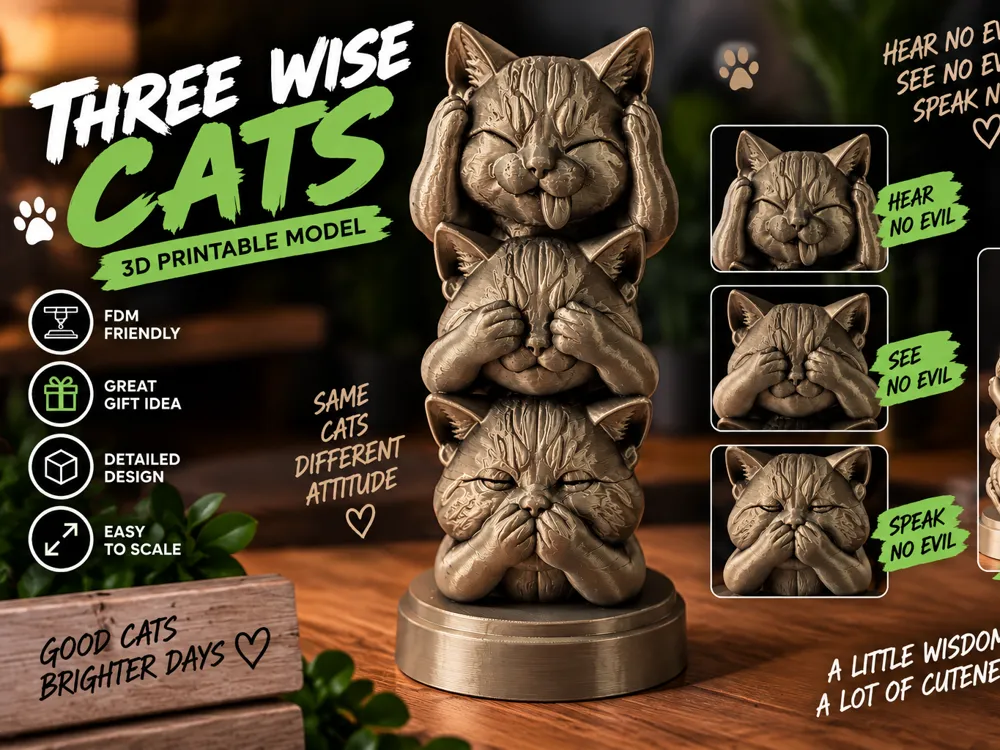 Three stacked Wise Cats, Hear, See & Speak No Evil, photo 4 of 4 - Three stacked Wise Cats, Hear, See & Speak No Evil Figurines & Collectibles