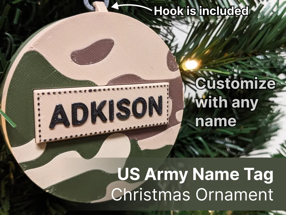 US Army Custom Name Tag Christmas Ornament, another view - Personalised Christmas Ornaments, camo